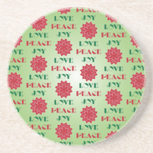 Modern Green and Red Love, Peace, Joy quote Coaster