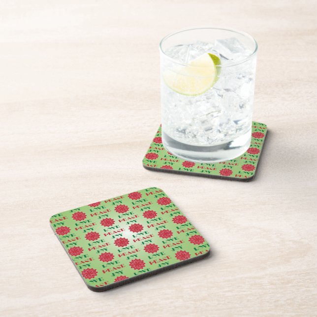 Modern Green and Red Love, Peace, Joy quote Coaster (Right Side)