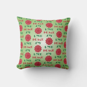 Modern Green and Red Love, Peace, Joy quote Cushion