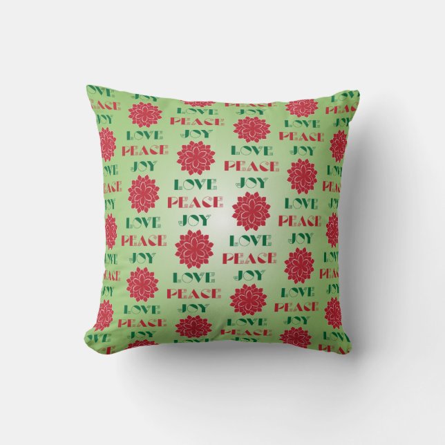 Modern Green and Red Love, Peace, Joy quote Cushion (Front)