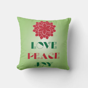 Modern Green and Red Love, Peace, Joy quote Cushion