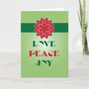 Modern Green and Red Love, Peace, Joy quote Holiday Card