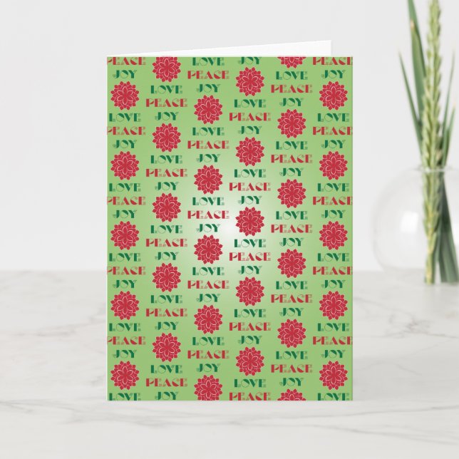 Modern Green and Red Love, Peace, Joy quote Holiday Card (Front)