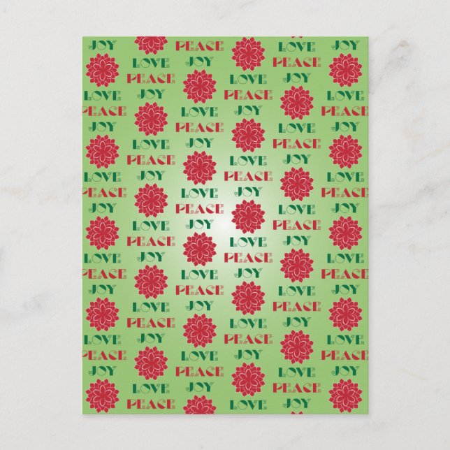 Modern Green and Red Love, Peace, Joy quote Holiday Postcard (Front)