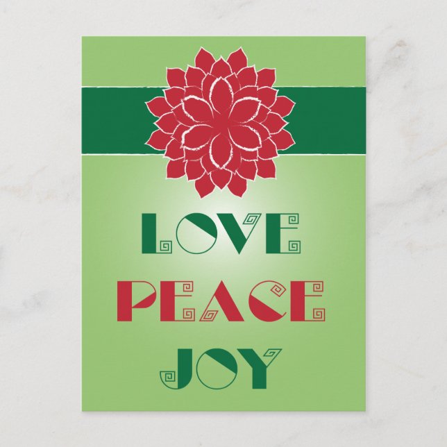 Modern Green and Red Love, Peace, Joy quote Holiday Postcard (Front)
