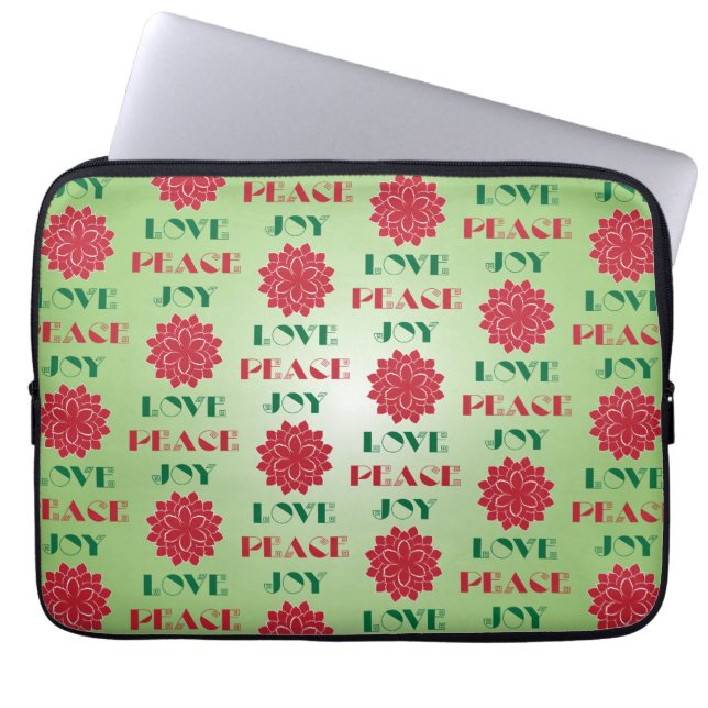 Modern Green and Red Love, Peace, Joy quote Laptop Sleeve (Front)