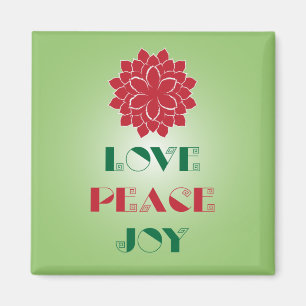 Modern Green and Red Love, Peace, Joy quote Magnet