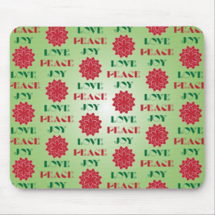 Modern Green and Red Love, Peace, Joy quote Mouse Mat