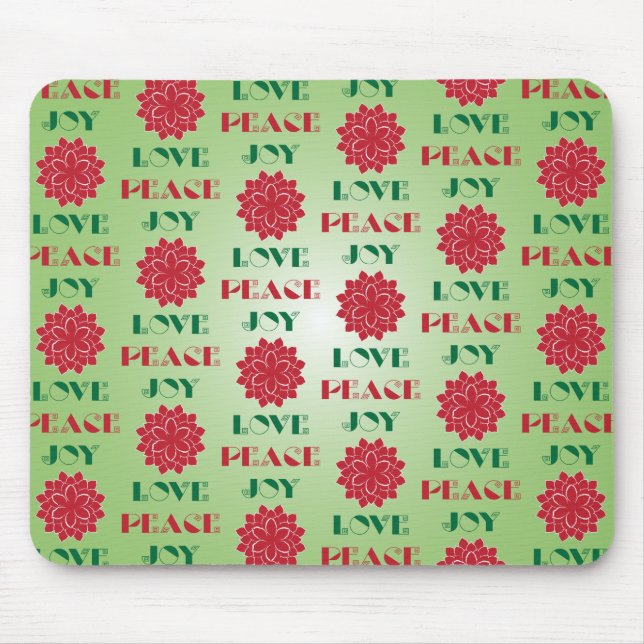 Modern Green and Red Love, Peace, Joy quote Mouse Mat (Front)