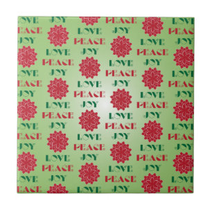 Modern Green and Red Love, Peace, Joy quote Tile