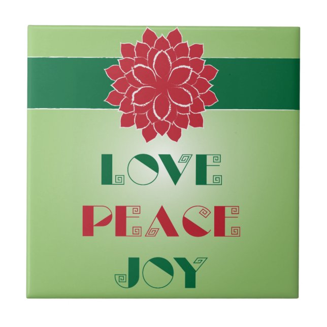 Modern Green and Red Love, Peace, Joy quote Tile (Front)