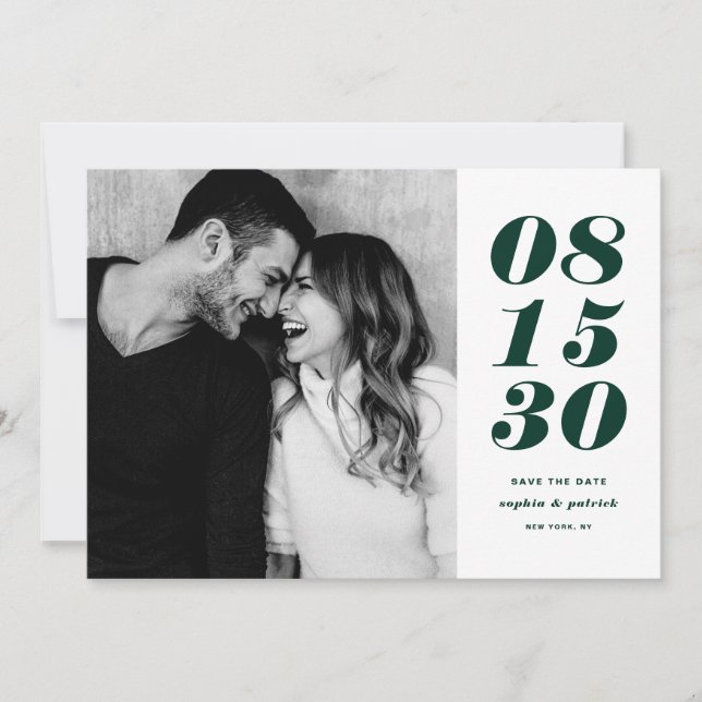 Modern Green and White Bold Date Typography Photo Save The Date (Front)