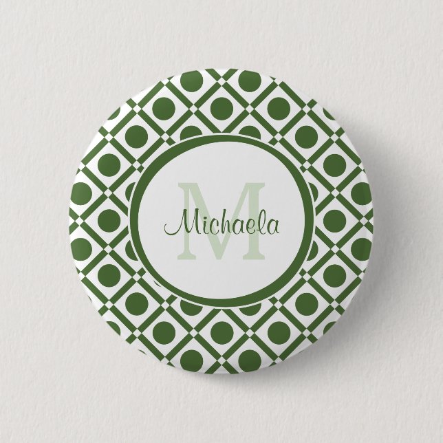 Modern Green and White Geometric Monogrammed Name 6 Cm Round Badge (Front)