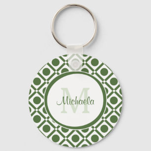 Modern Green and White Geometric Monogrammed Name Key Ring