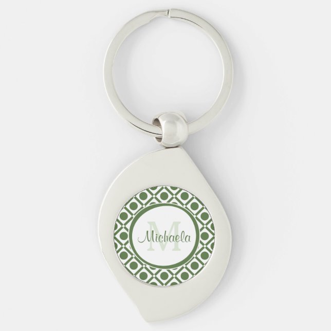 Modern Green and White Geometric Monogrammed Name Key Ring (Front)
