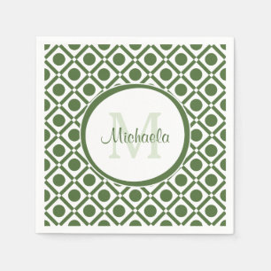 Modern Green and White Geometric Monogrammed Name Napkin