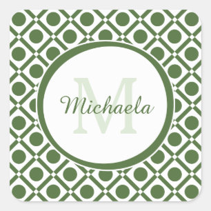 Modern Green and White Geometric Monogrammed Name Square Sticker