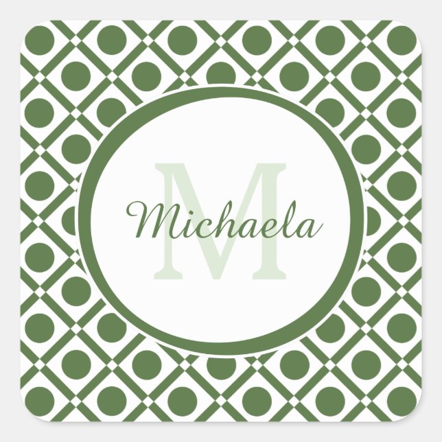 Modern Green and White Geometric Monogrammed Name Square Sticker (Front)