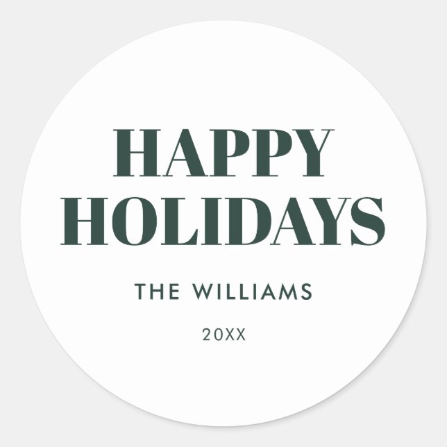 Modern Green and White Happy Holidays Classic Round Sticker (Front)