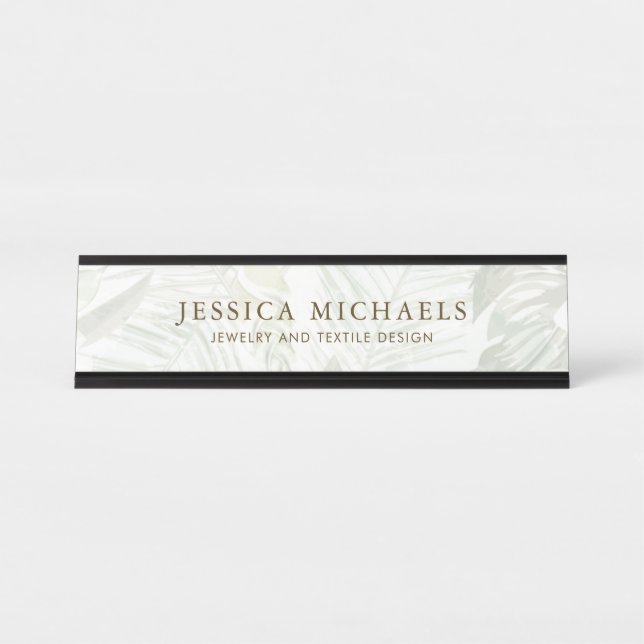 Modern Green and White Palm Leaf Print Desk Name Plate (Front)