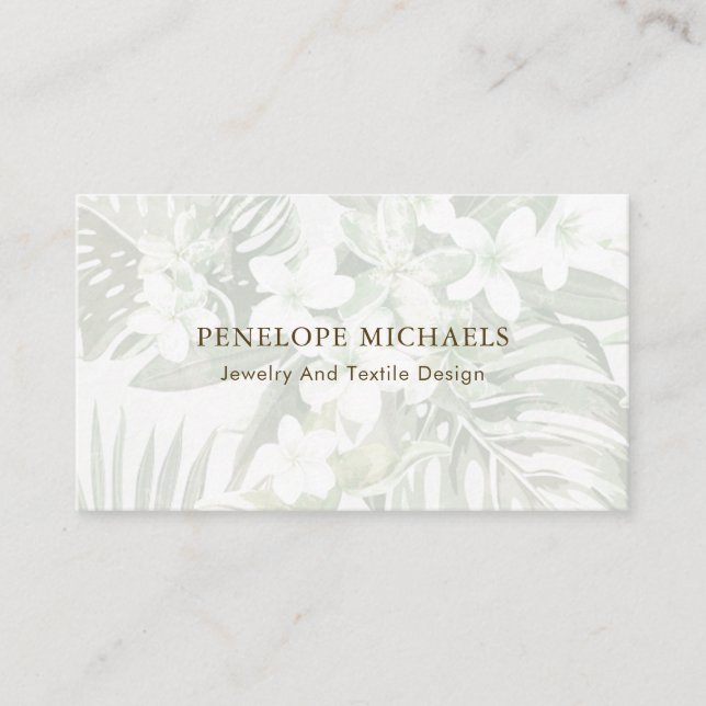 Modern Green and White Palm Leaves Business Card (Front)