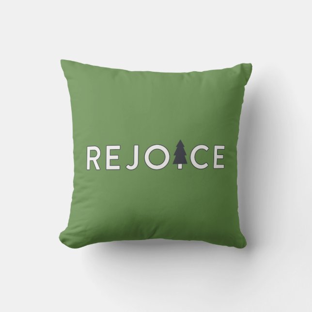 Modern Green and White Rejoice Christmas Tree Cushion (Front)