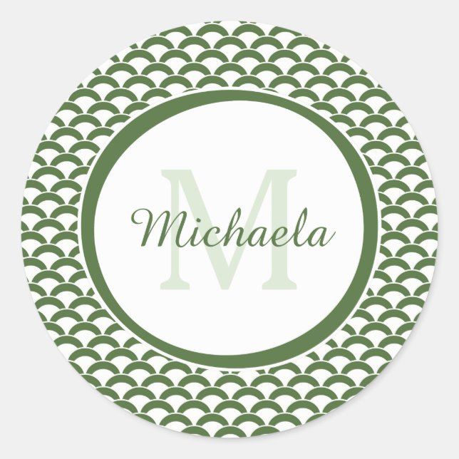 Modern Green and White Scallops Monogram and Name Classic Round Sticker (Front)