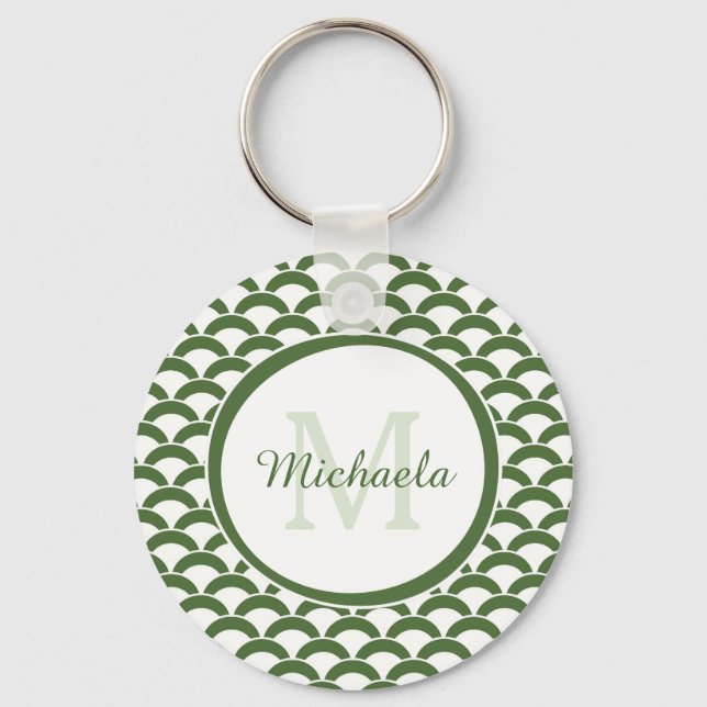 Modern Green and White Scallops Monogram and Name Key Ring (Front)