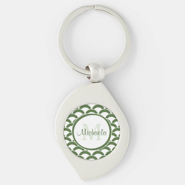 Modern Green and White Scallops Monogram and Name Key Ring (Front)