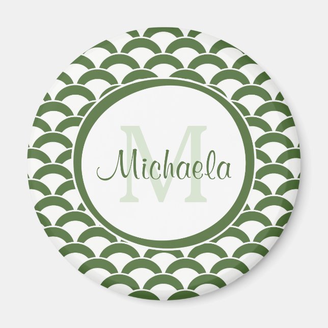 Modern Green and White Scallops Monogram and Name Magnet (Front)