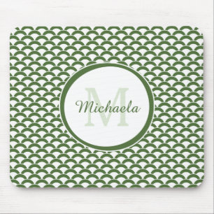 Modern Green and White Scallops Monogram and Name Mouse Mat