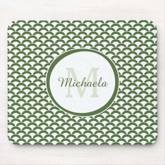 Modern Green and White Scallops Monogram and Name Mouse Mat (Front)