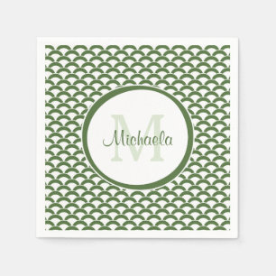 Modern Green and White Scallops Monogram and Name Napkin
