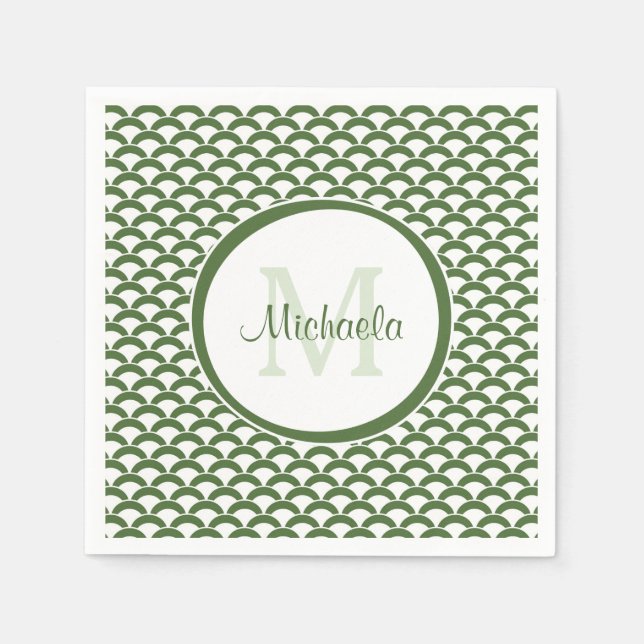 Modern Green and White Scallops Monogram and Name Napkin (Front)