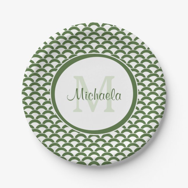 Modern Green and White Scallops Monogram and Name Paper Plate (Front)