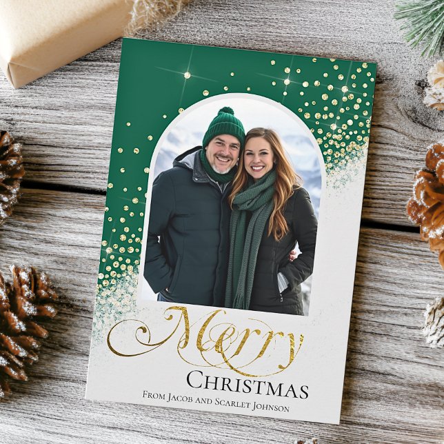 Modern Green and White Sparkle Christmas Photo Holiday Card (Creator Uploaded)