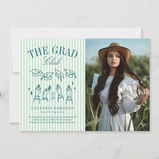 Modern Green and White Stripe Photo Graduation Announcement (Front)