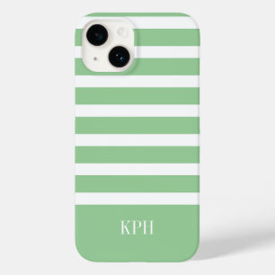 Modern Green and White Stripe with Monogram  Case-Mate iPhone 14 Case