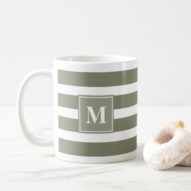 Modern Green and White Stripe with Monogram Coffee Mug (With Donut)