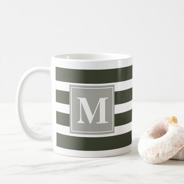 Modern Green and White Stripe with Monogram Coffee Mug (With Donut)