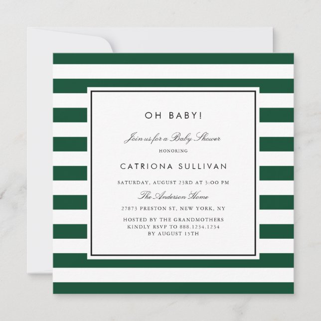 Modern Green and White Stripes Pattern Baby Shower Invitation (Front)
