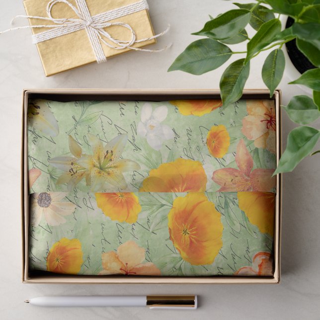 Modern green and yellow floral pattern decoupage tissue paper (Gift)