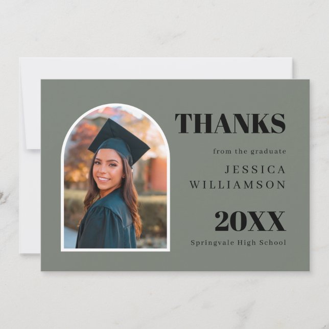  Modern Green Arch Photo Graduation Thank You Card (Front)