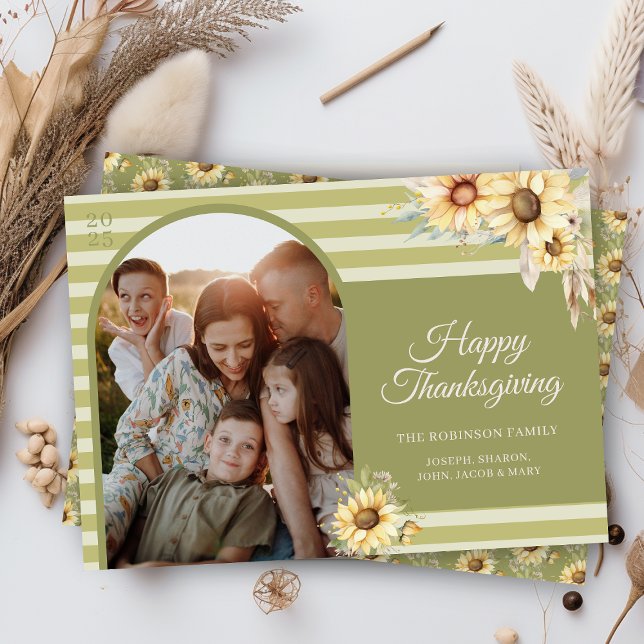 Modern Green Arch Sunflowers Happy Thanksgiving Holiday Card (elegant modern chic green arch theme sunflower happy thanksgiving cards with photo and message)