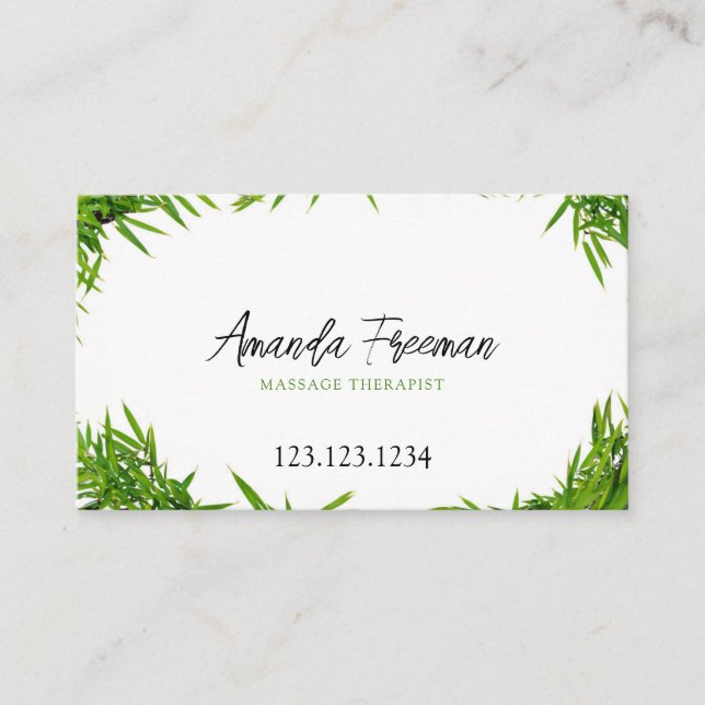 Modern Green Bamboo Leaves Massage Therapy Business Card (Front)
