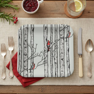 Modern Green Birch Trees and Red Cardinal Birds Paper Plate
