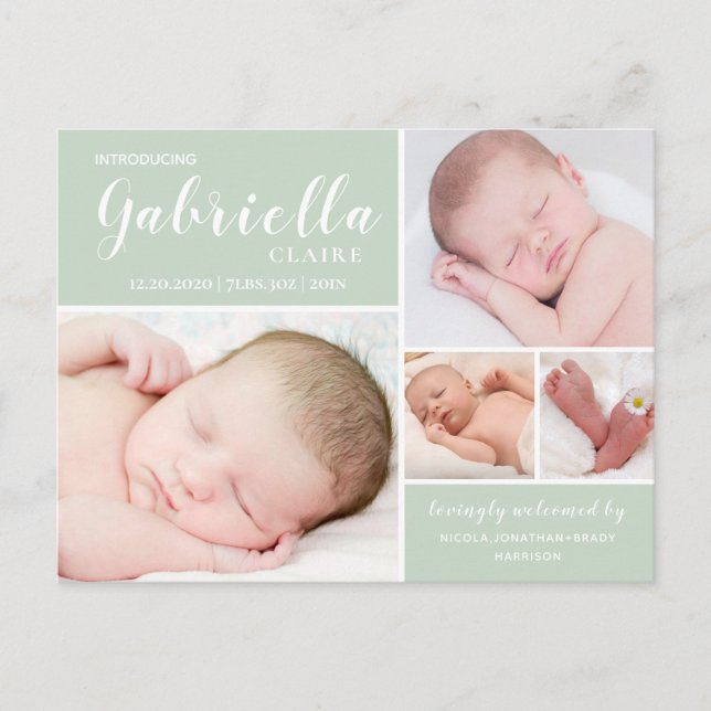 Modern Green Birth Announcement Postcard (Front)