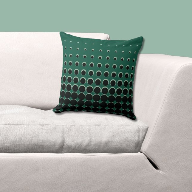 Modern Green & Black Ascending Dots Cushion (Green and Black Pillow, Halftone Pattern)