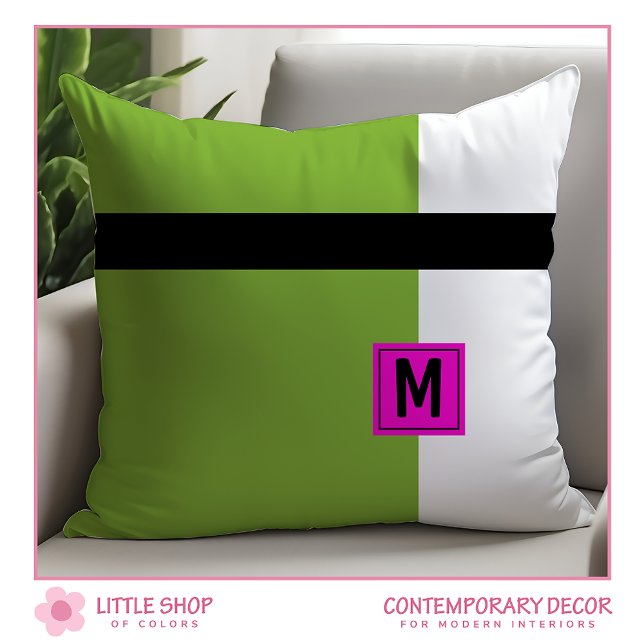 Modern Green Black Colour Block Monogrammed Cushion (Creator Uploaded)