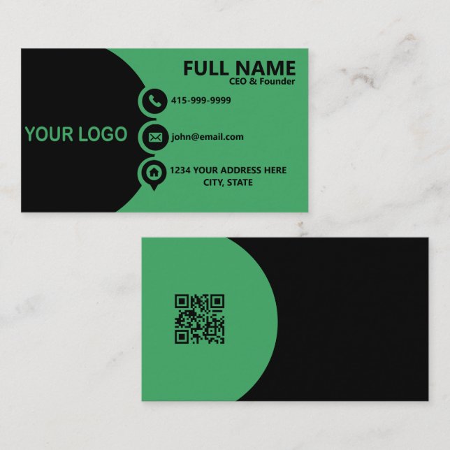 Modern Green Black Corporate QR Code Business Card (Front/Back)